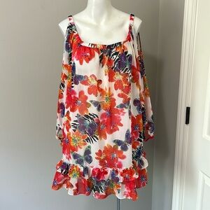 SEAFOLLY AUSTRALIA Floral Ruffle Crepe Swim Cover Up Sheer Long Sleeve Sz M